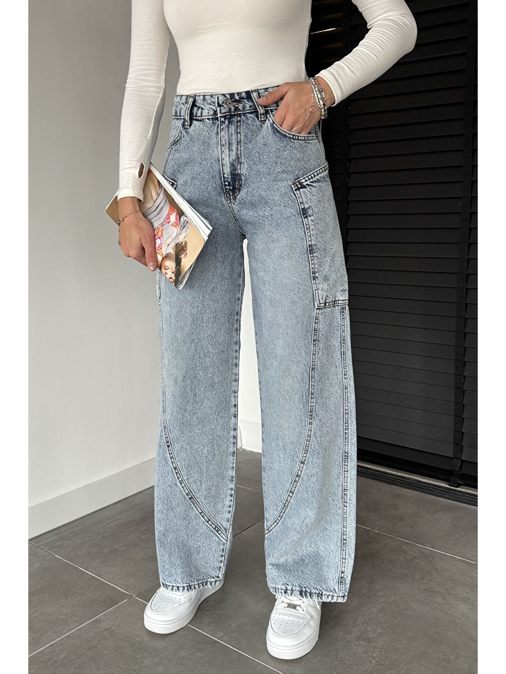 Mavi Kadın Yüksek Bel Kargo Cepli Bol Kesim Jean Jean Pantolon-2