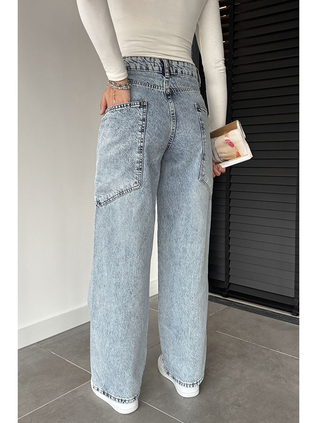 Mavi Kadın Yüksek Bel Kargo Cepli Bol Kesim Jean Jean Pantolon-3