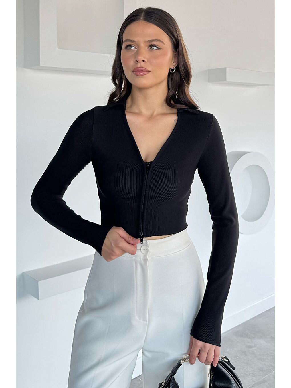 Siyah Çift Fermuarlı Crop Top Kadın Bluz
