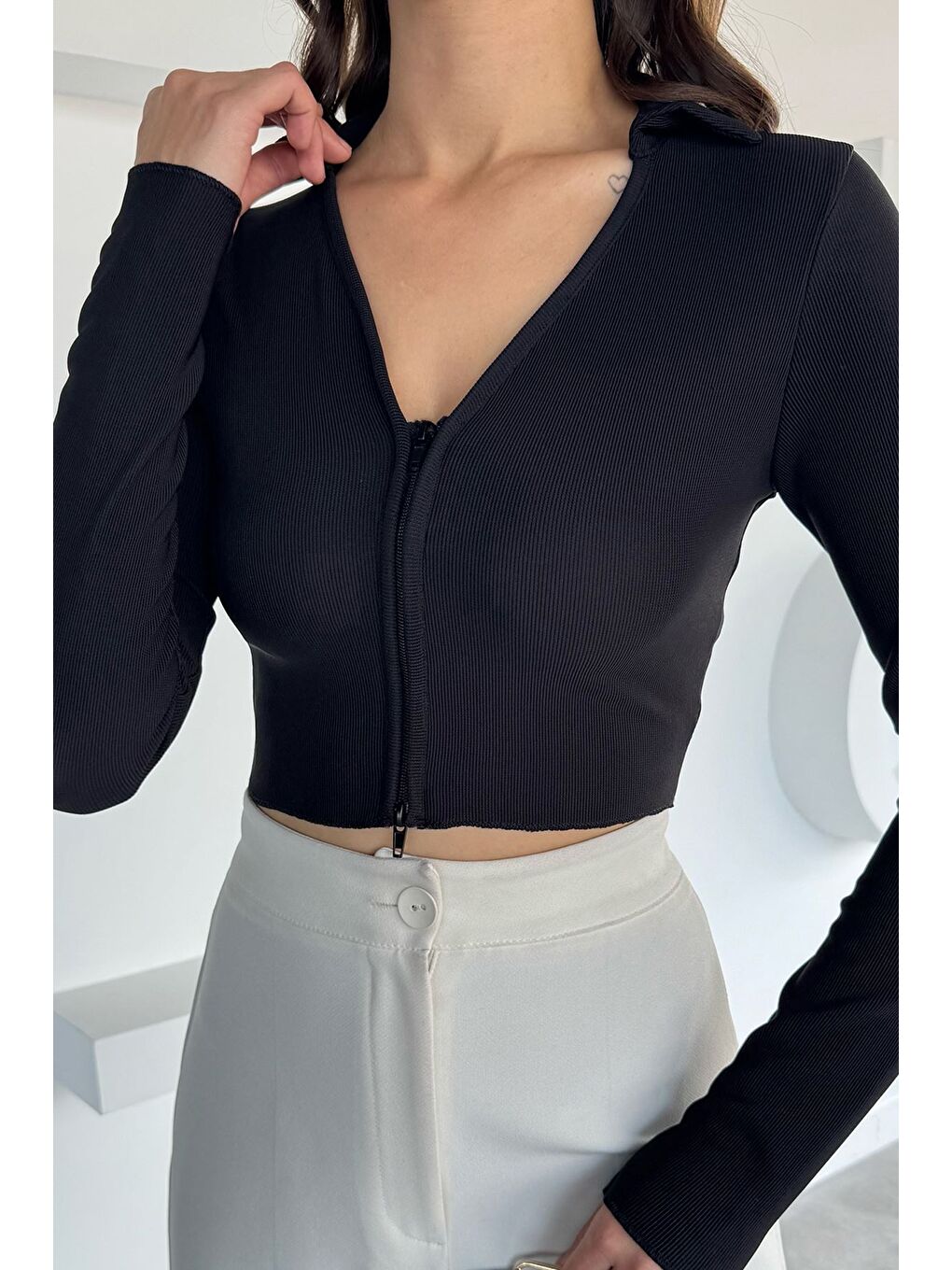 Siyah Çift Fermuarlı Crop Top Kadın Bluz-2
