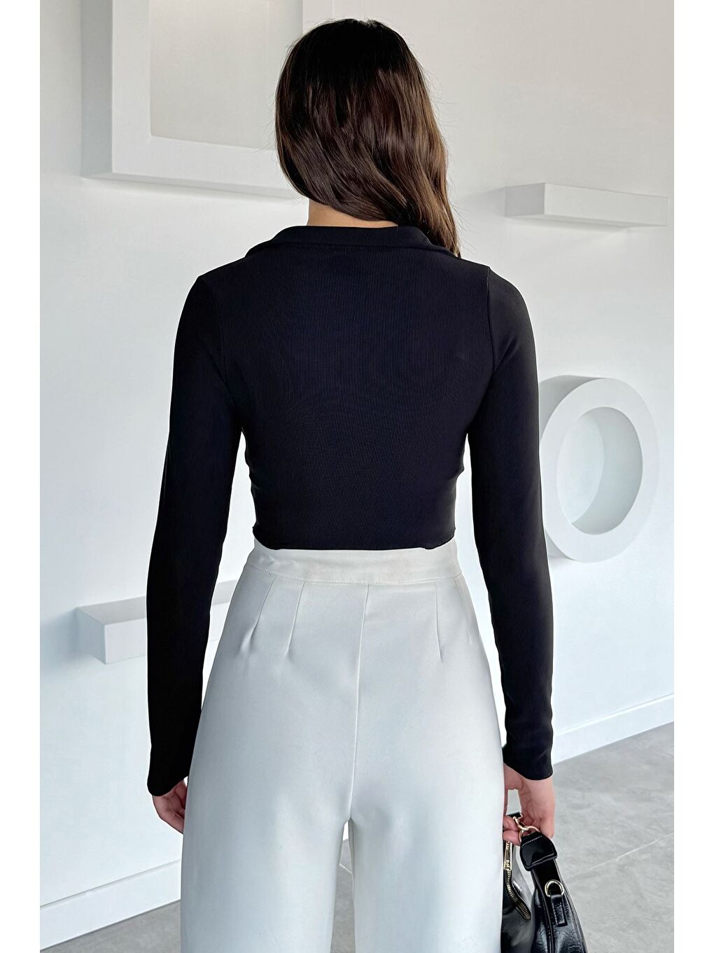 Siyah Çift Fermuarlı Crop Top Kadın Bluz-3