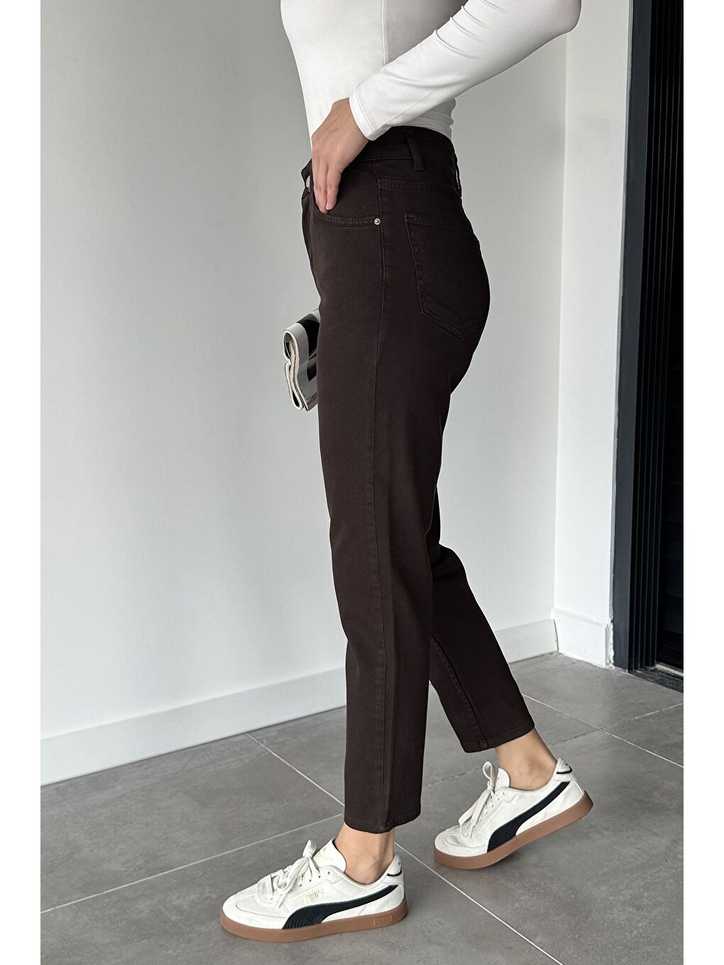Kahverengi Kadın Yüksek Bel Mom Jean Jean Pantolon-1