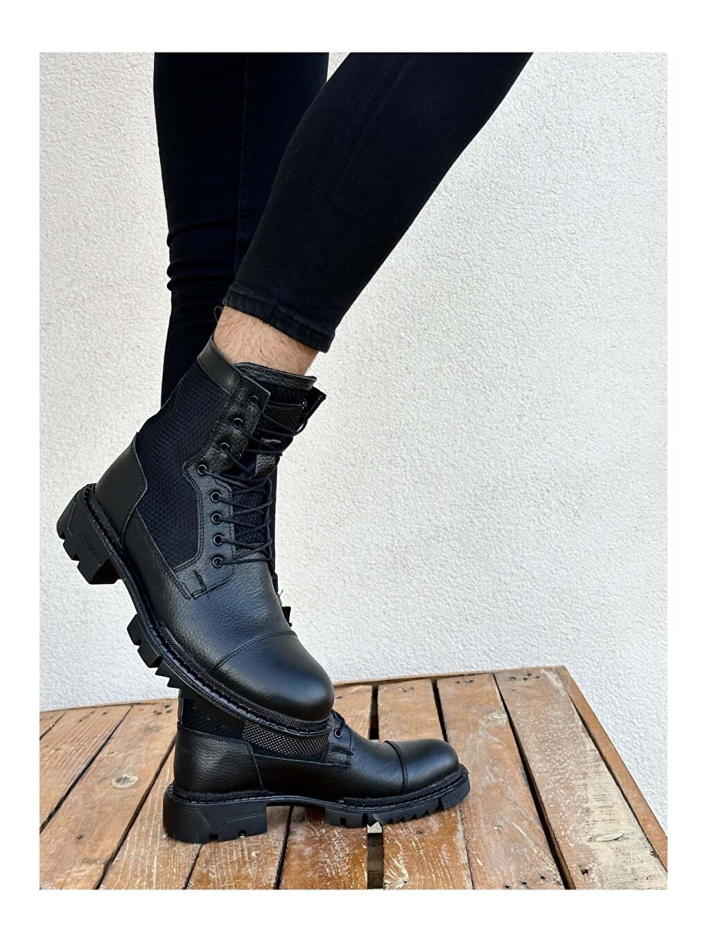 Siyah Çukur Hakiki Deri Bağcıklı Erkek Kışlık Postal Bot-3