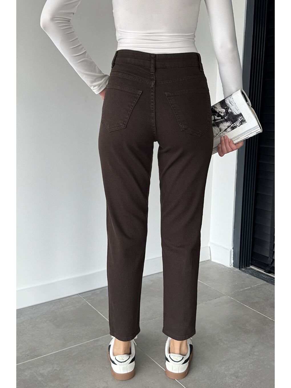Kahverengi Kadın Yüksek Bel Mom Jean Jean Pantolon-3