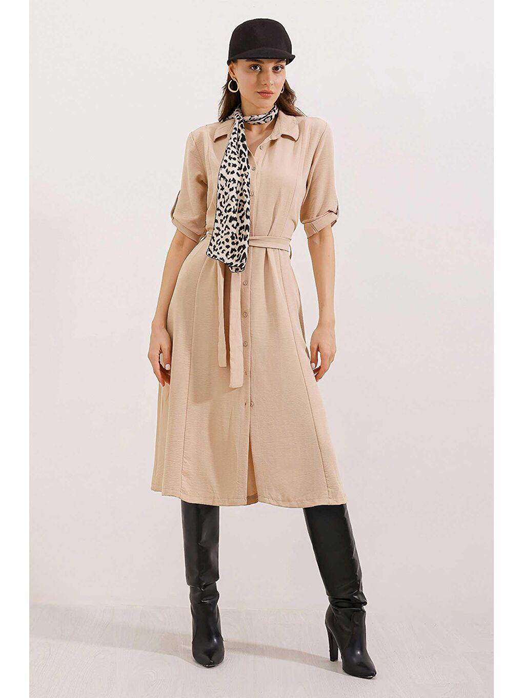 2442 Kuşaklı Gömlek Elbise - Bej-1