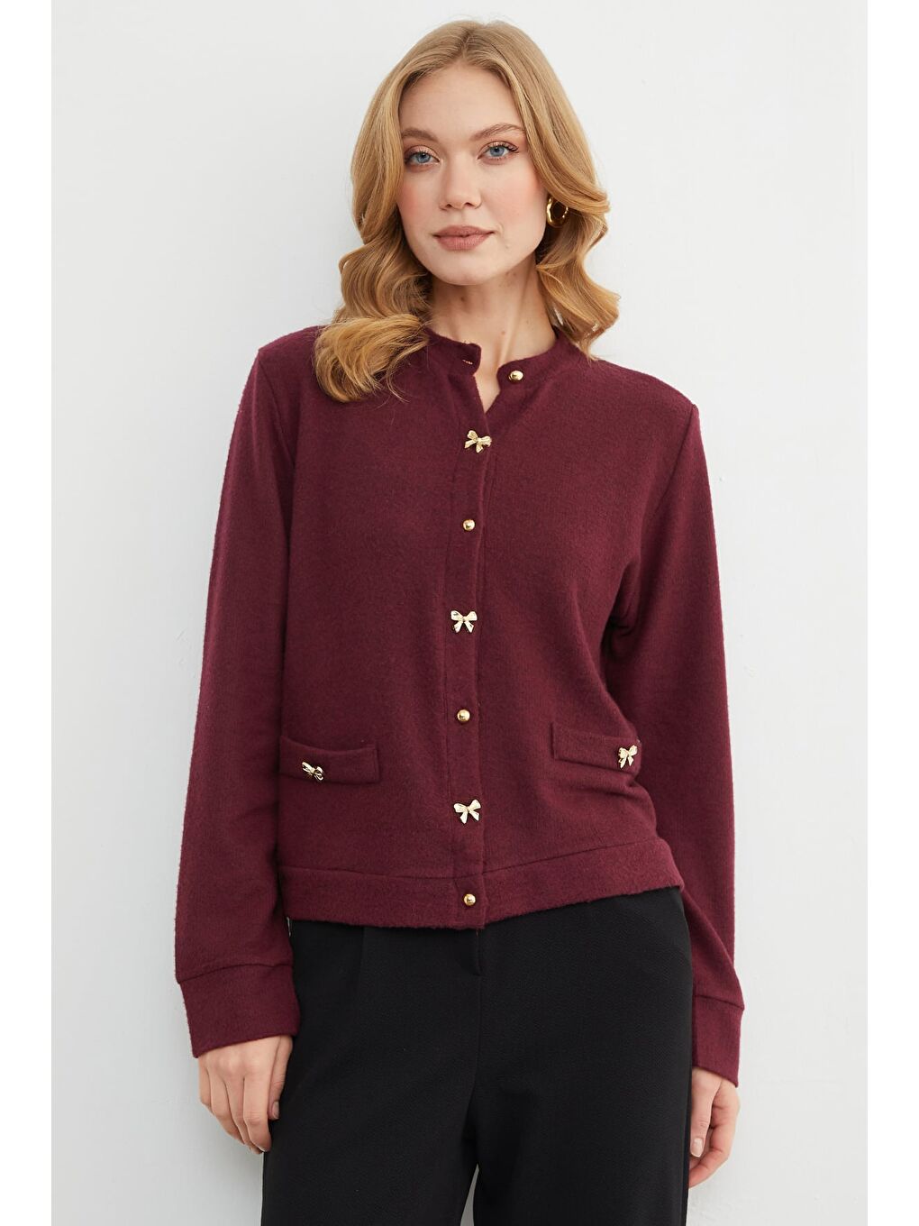 Bordo Fiyonk Düğmeli Cepli Triko Hırka