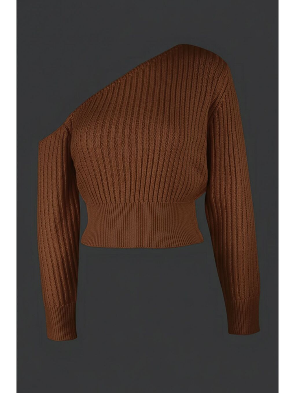 Kahverengi Omuz Açık Kabartmalı Kadın Triko Kazak-1
