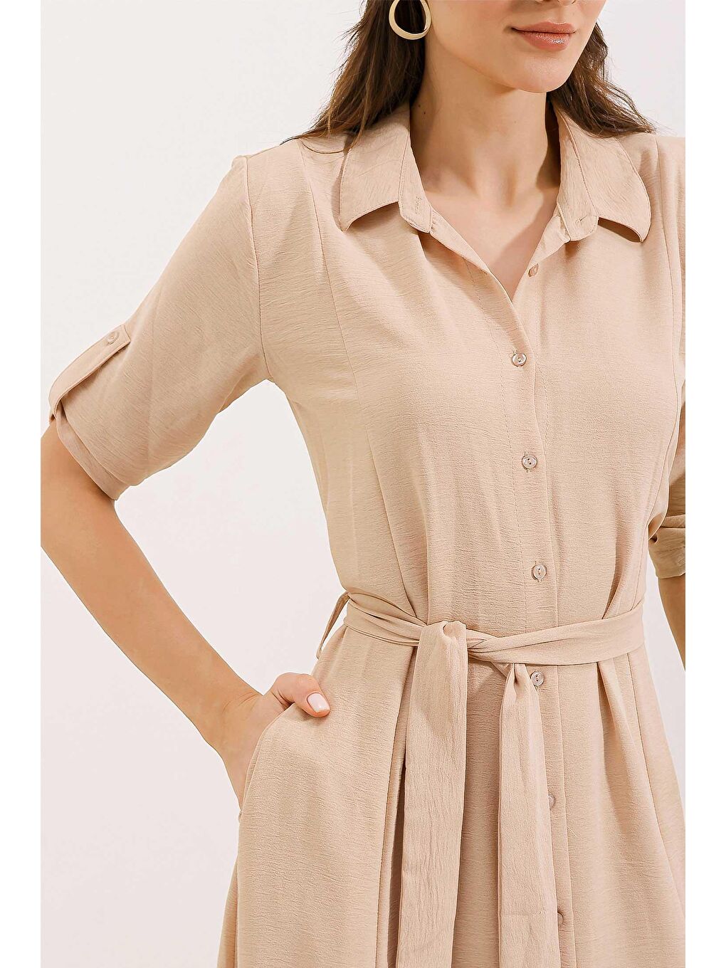 2442 Kuşaklı Gömlek Elbise - Bej-2