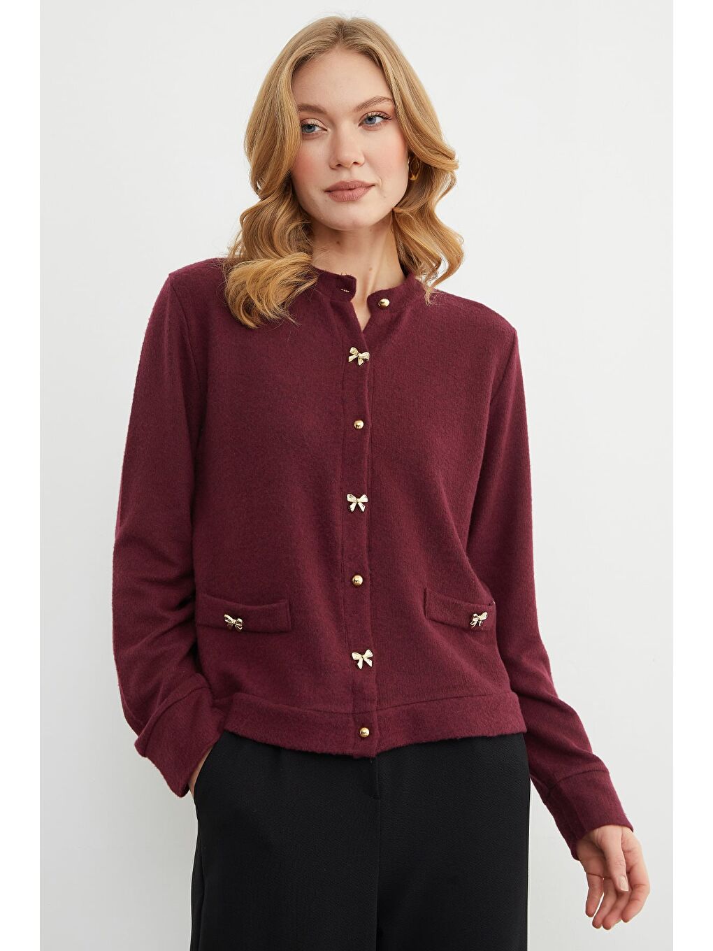 Bordo Fiyonk Düğmeli Cepli Triko Hırka-1