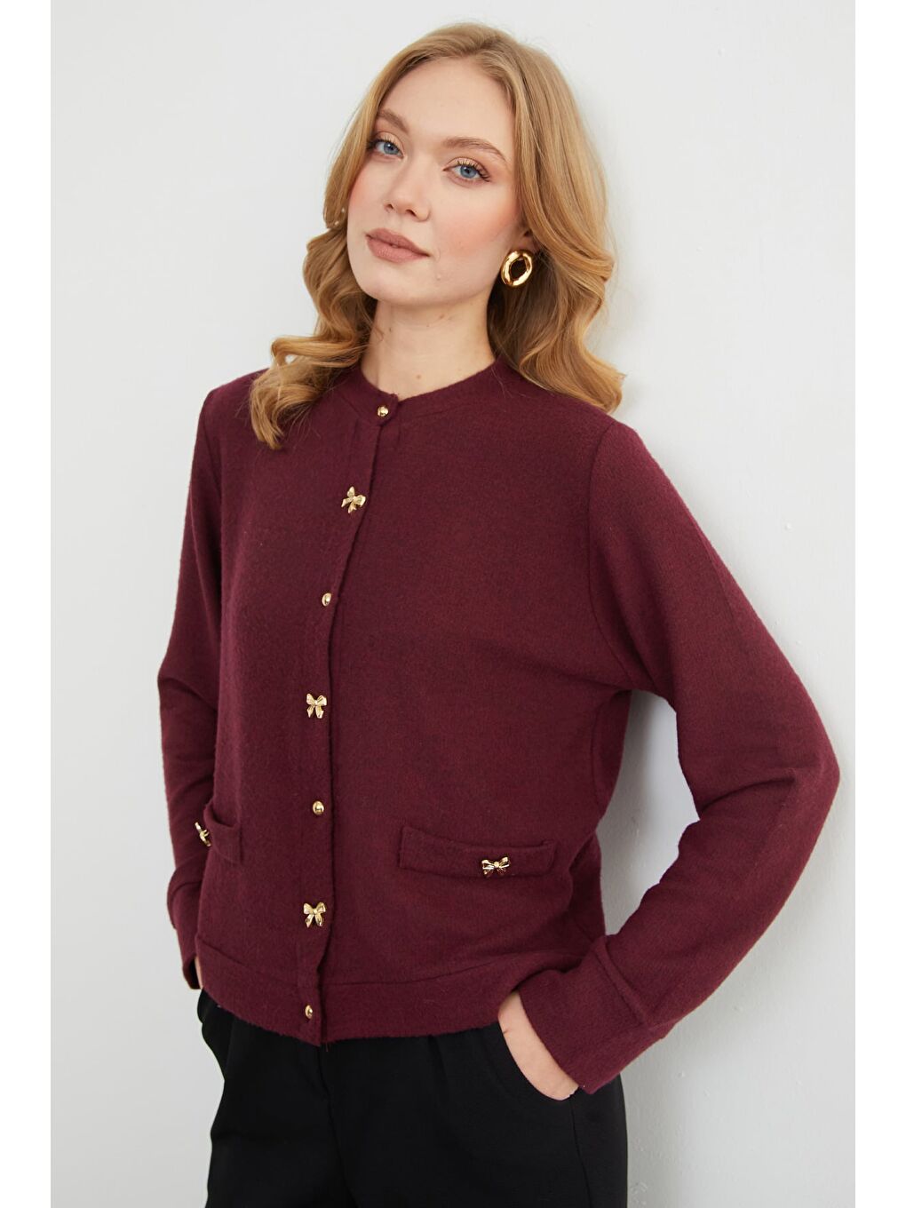 Bordo Fiyonk Düğmeli Cepli Triko Hırka-3