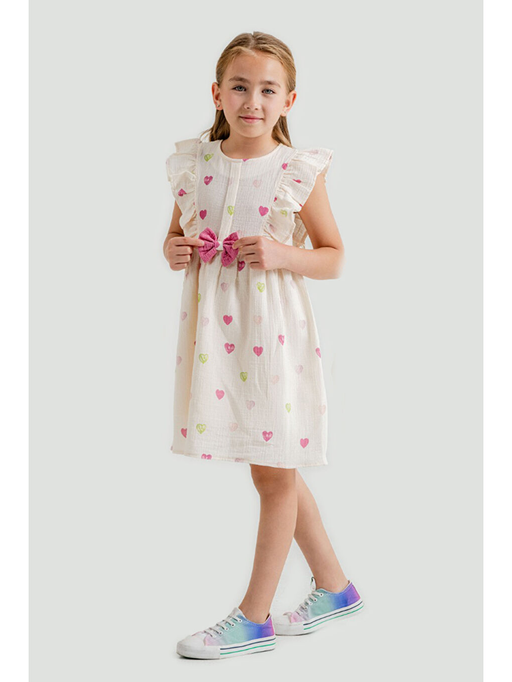 Fuşya Kalp Baskılı Fiyonk Detaylı Müslin Kız Çocuk Elbise 21082-2