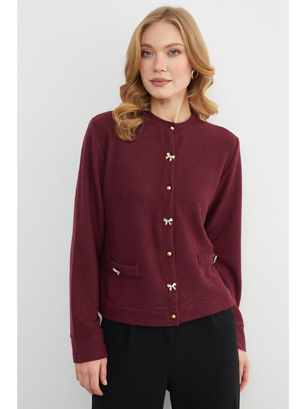 Bordo Fiyonk Düğmeli Cepli Triko Hırka-4