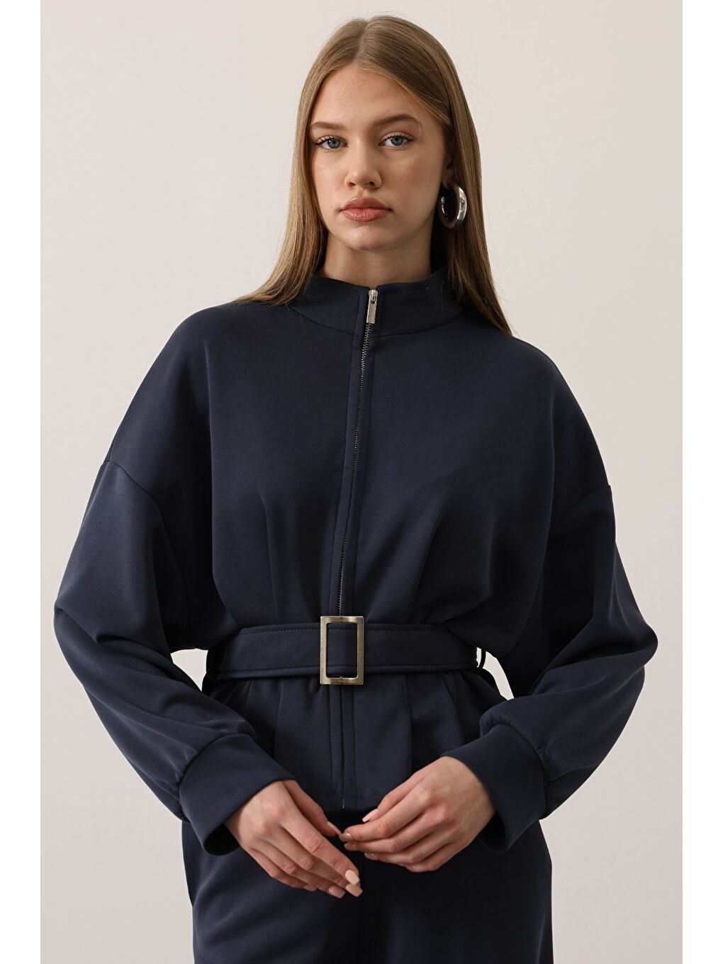 Lacivert Kadın Fermuar Detaylı Ön Bağlamalı Ceket