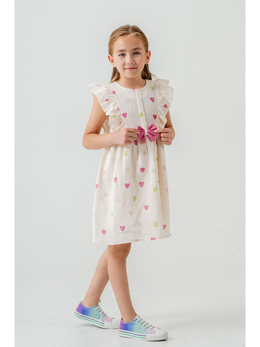 Fuşya Kalp Baskılı Fiyonk Detaylı Müslin Kız Çocuk Elbise 21082-3