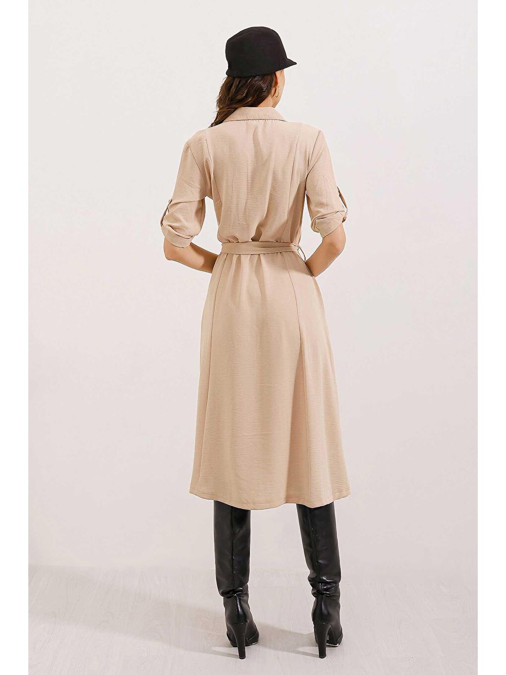 2442 Kuşaklı Gömlek Elbise - Bej-3