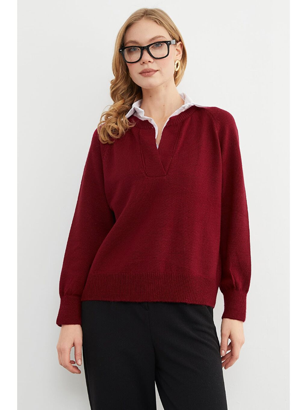 Bordo Basic Gömlek Yaka Triko Kazak