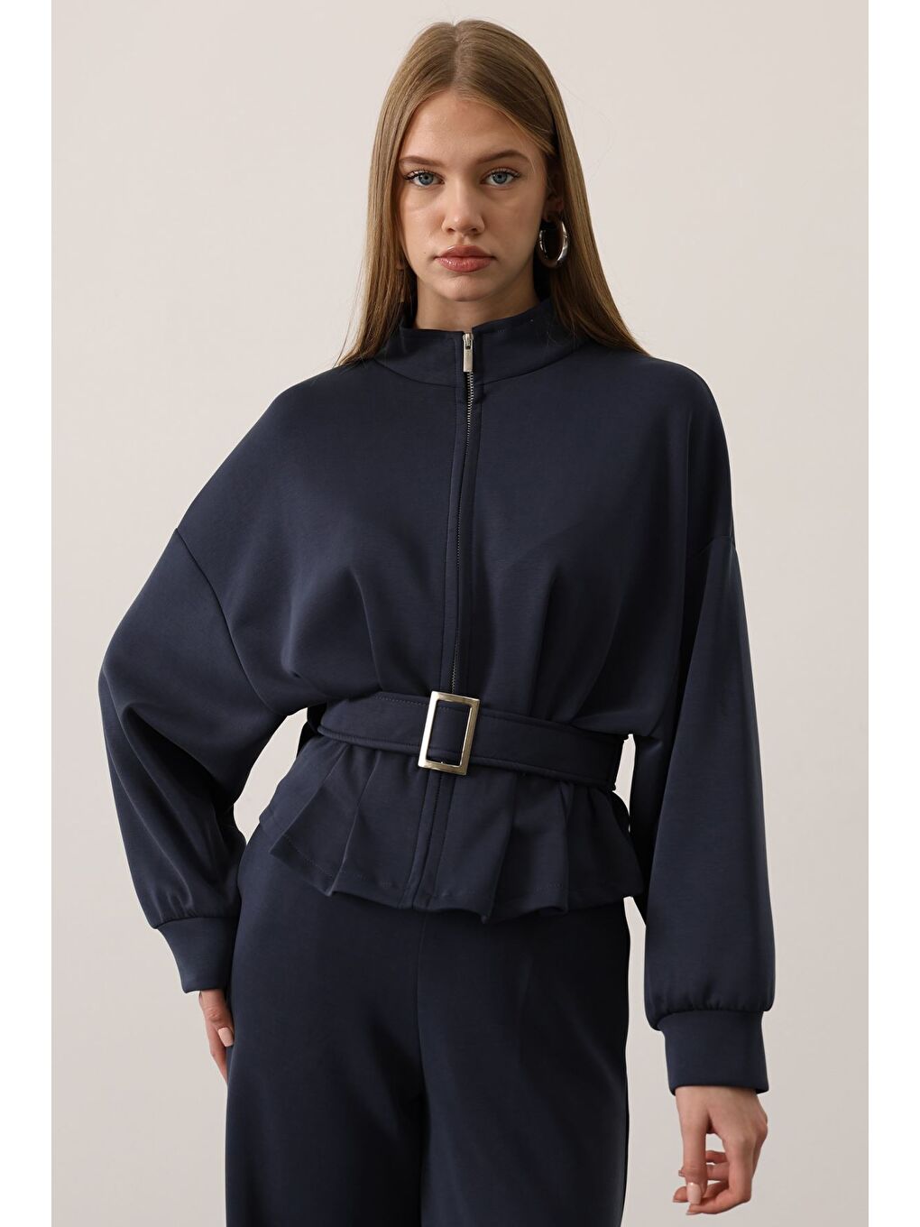 Lacivert Kadın Fermuar Detaylı Ön Bağlamalı Ceket-1