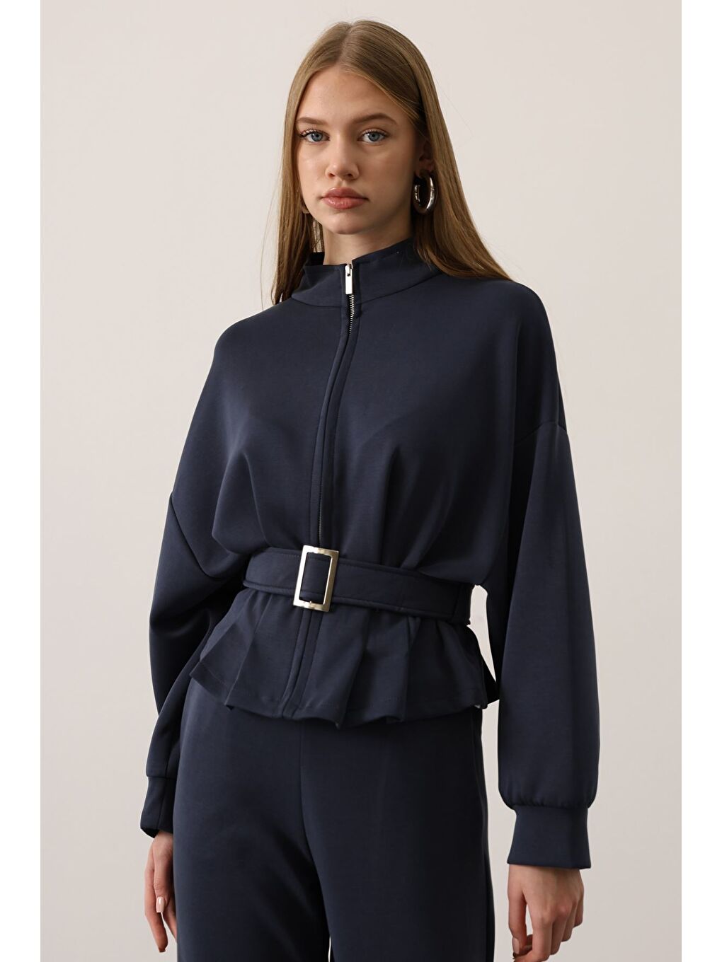 Lacivert Kadın Fermuar Detaylı Ön Bağlamalı Ceket-2