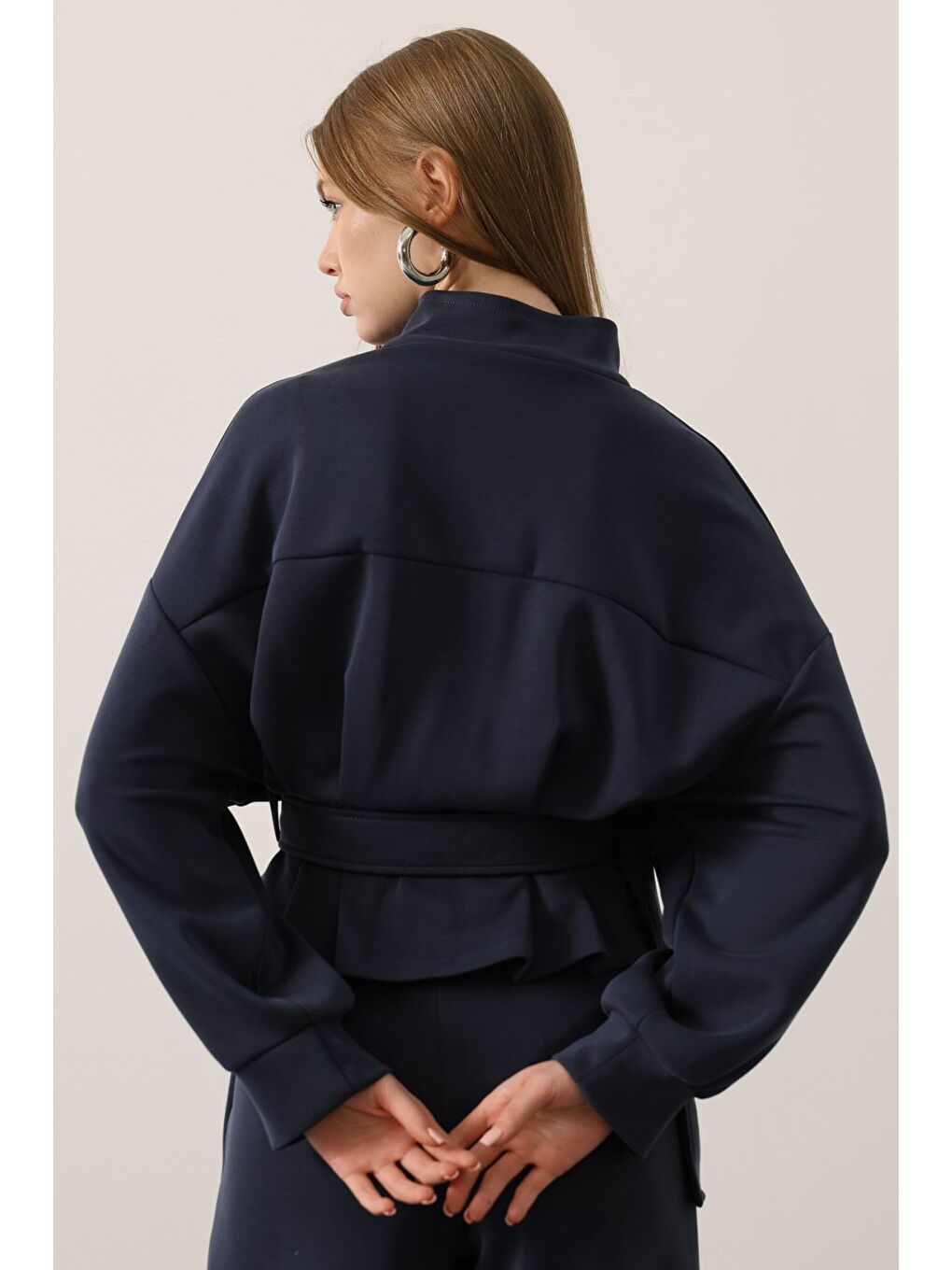 Lacivert Kadın Fermuar Detaylı Ön Bağlamalı Ceket-3