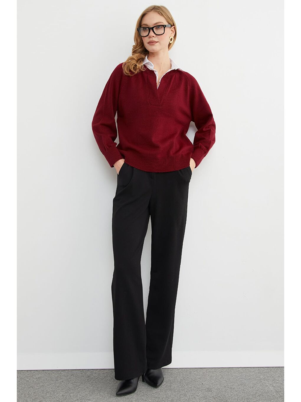 Bordo Basic Gömlek Yaka Triko Kazak-1