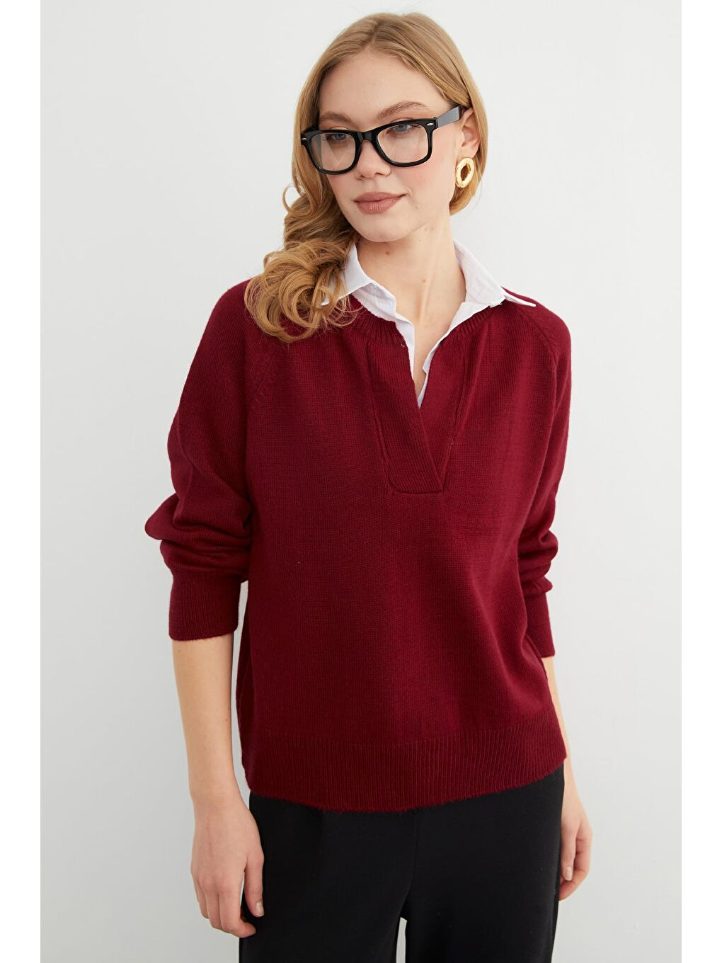 Bordo Basic Gömlek Yaka Triko Kazak-2