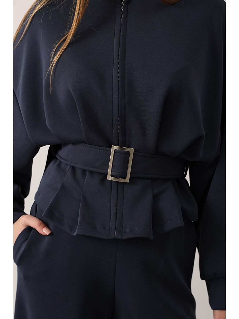 Lacivert Kadın Fermuar Detaylı Ön Bağlamalı Ceket-4