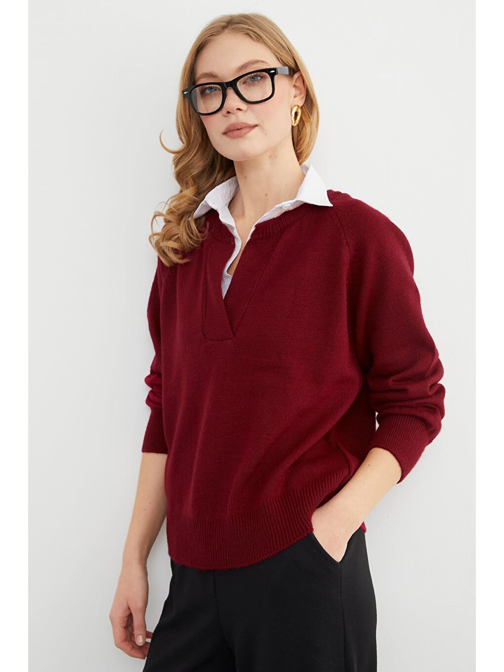 Bordo Basic Gömlek Yaka Triko Kazak-3