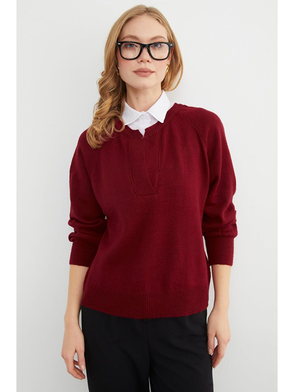 Bordo Basic Gömlek Yaka Triko Kazak-4