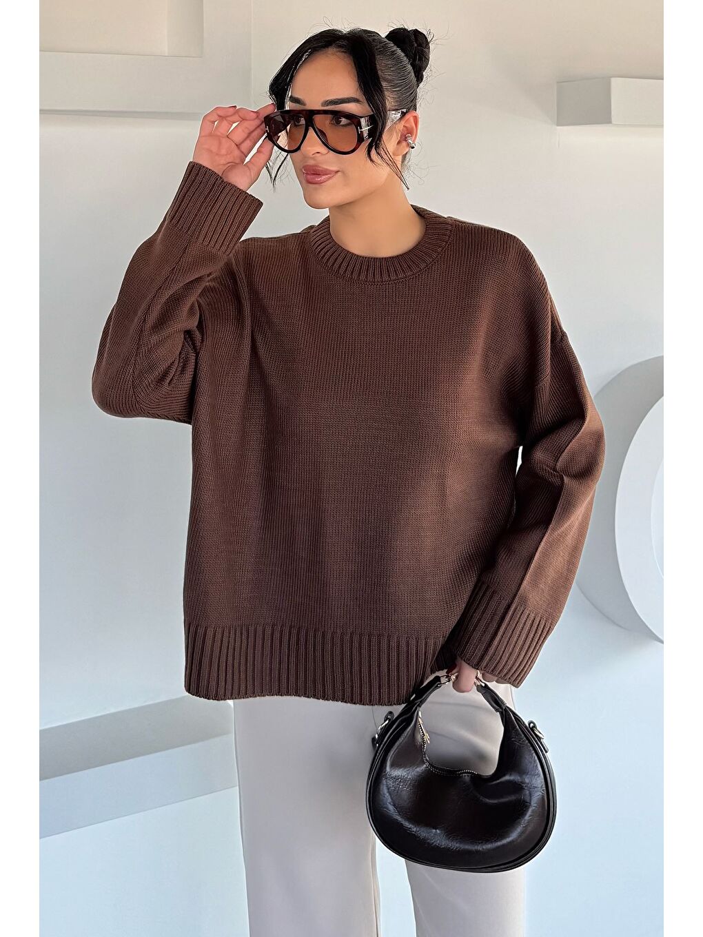 Kahverengi Kadın Bisklet Yaka Triko Kazak