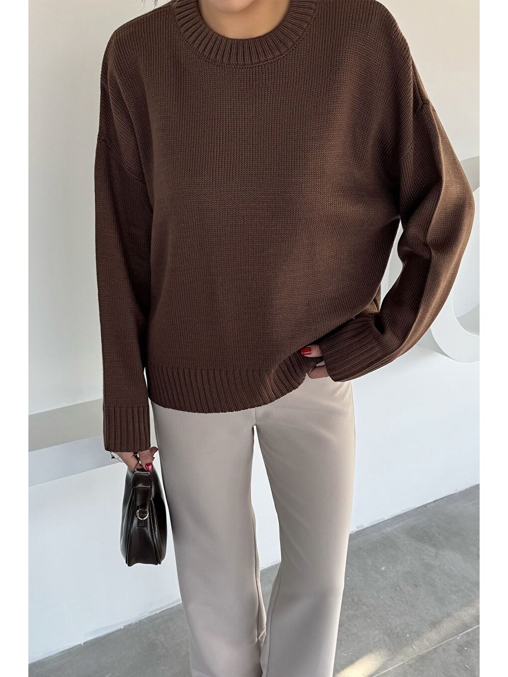 Kahverengi Kadın Bisklet Yaka Triko Kazak-1