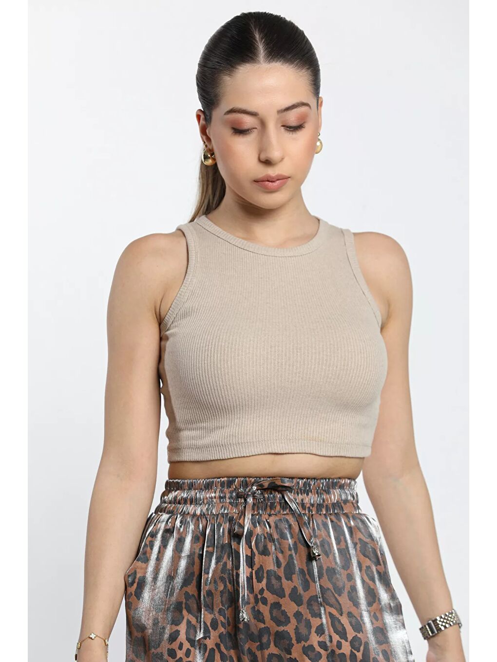 GÜLSELİ Bej Bisiklet Yaka Kaşkorse Crop Top Büstiyer Bluz - 3