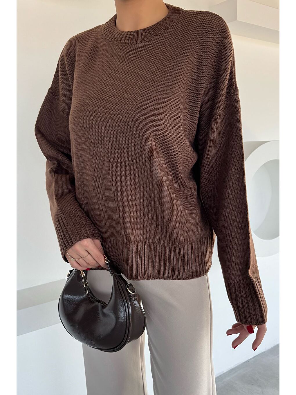 Kahverengi Kadın Bisklet Yaka Triko Kazak-2