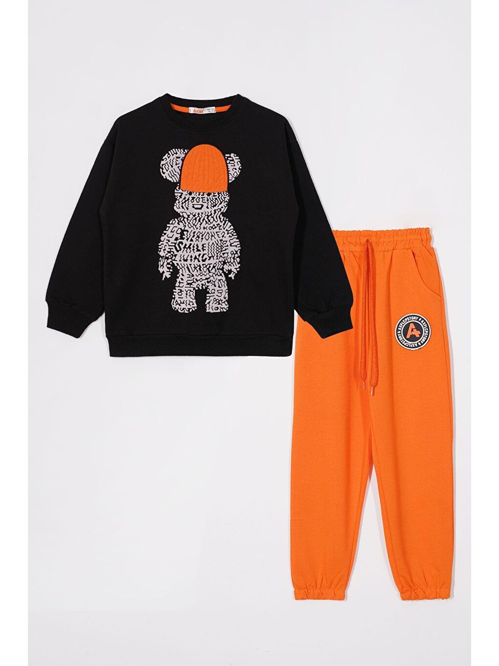 Turuncu Bisiklet Yaka Uzun Kol Ayı Baskılı Oranj Renk Erkek Çocuk Eşofman Takım