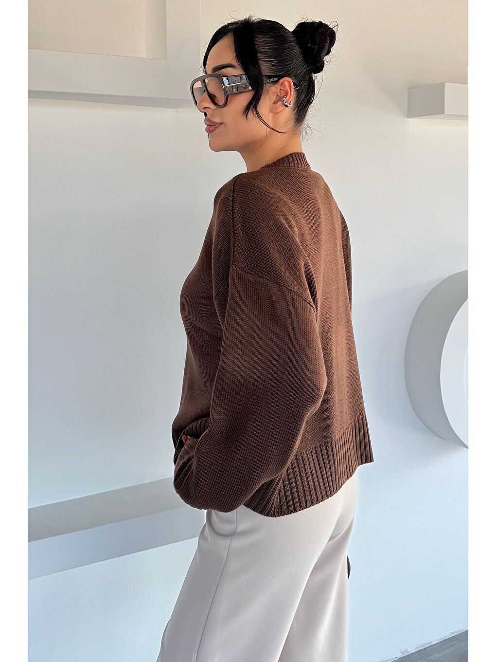 Kahverengi Kadın Bisklet Yaka Triko Kazak-3