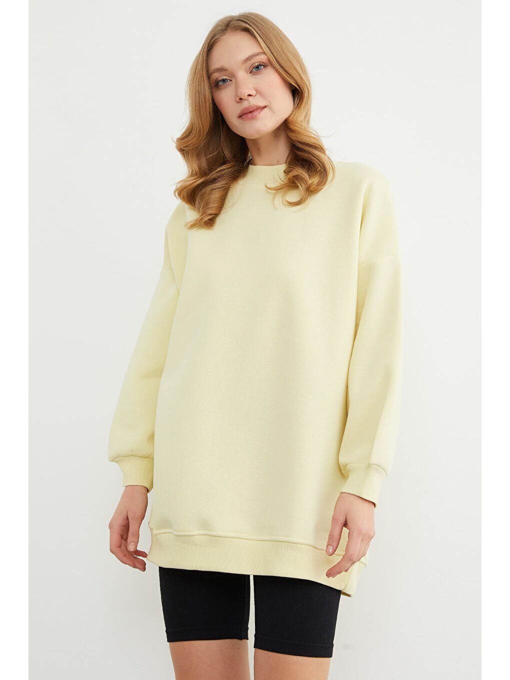 Sarı 3 İplik Basic Bisiklet Yaka Oversize Sweatshirt-2