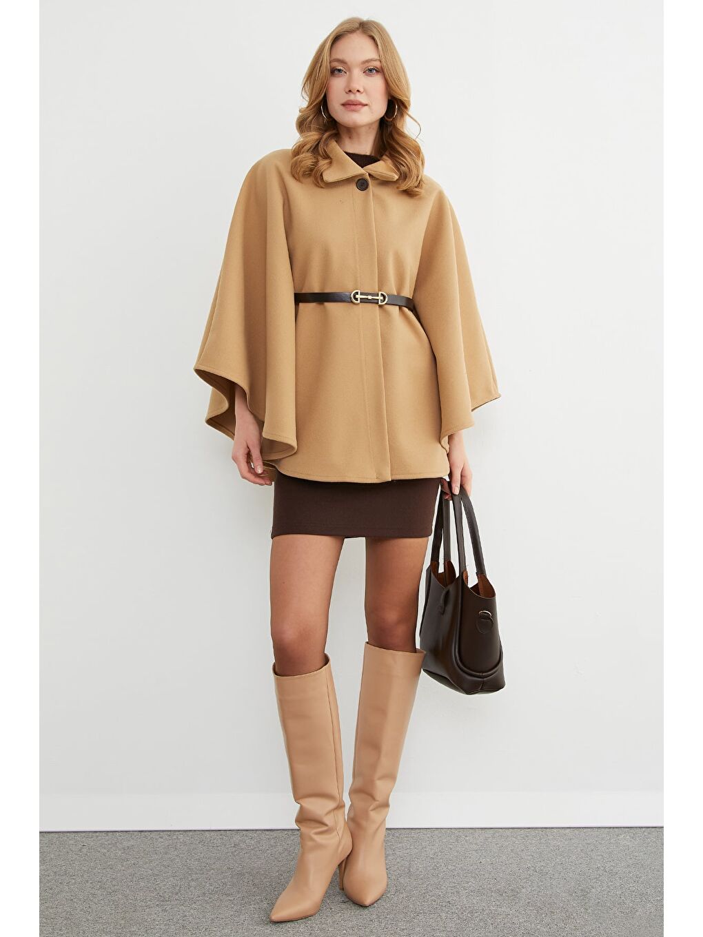 Kahverengi Kemerli Polo Yaka Kaşe Panço-2