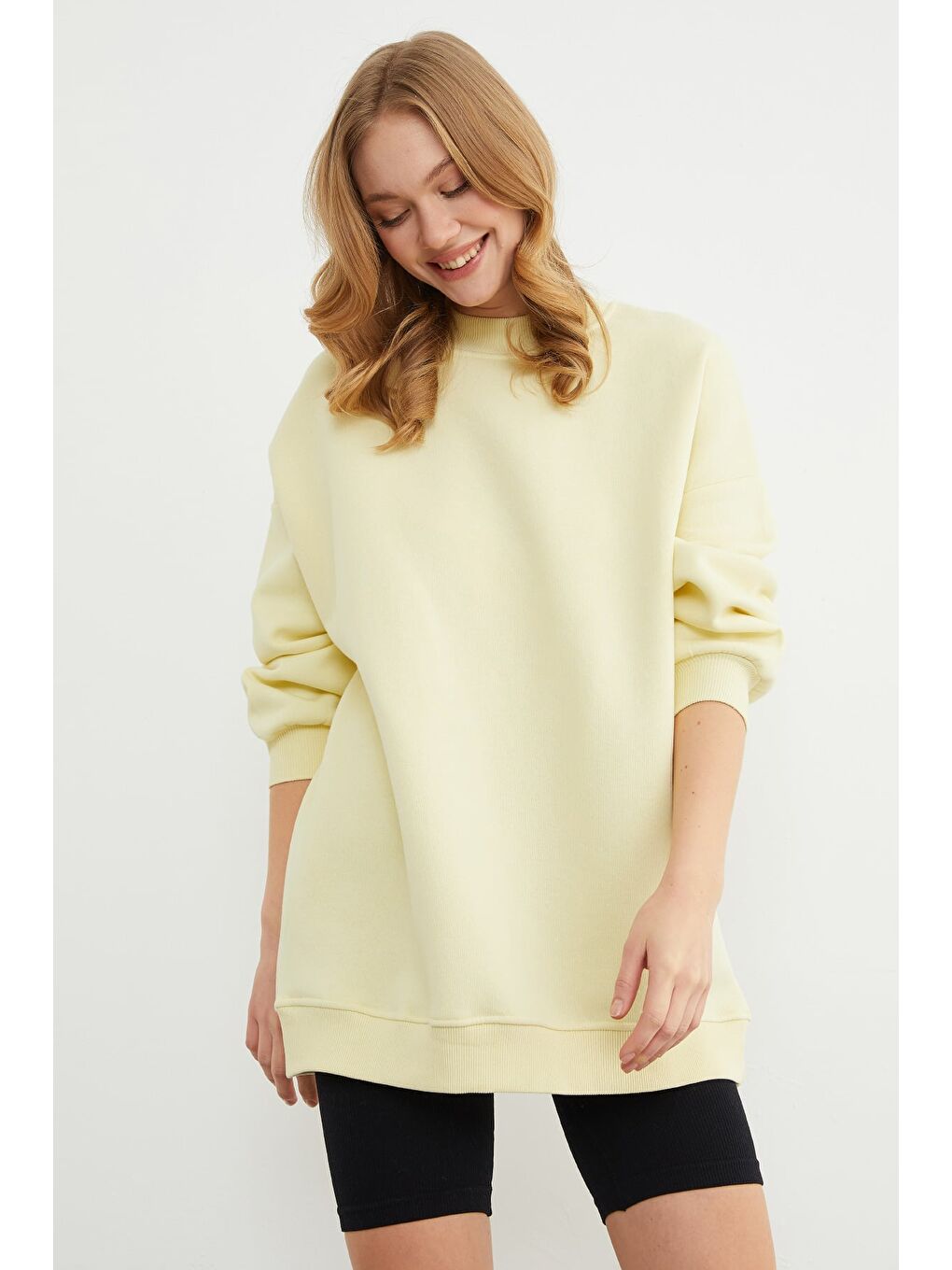 Sarı 3 İplik Basic Bisiklet Yaka Oversize Sweatshirt-4