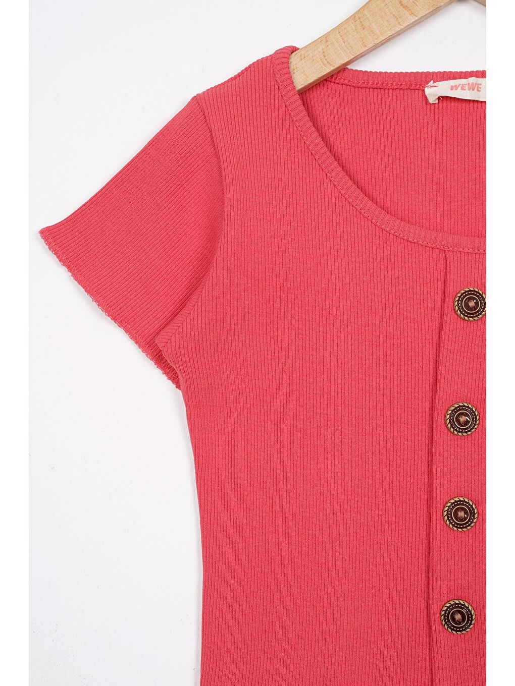 Pembe Bisiklet Yaka Kısa Kol Fitilli Somon Renk Kız Çocuk Tshirt-1