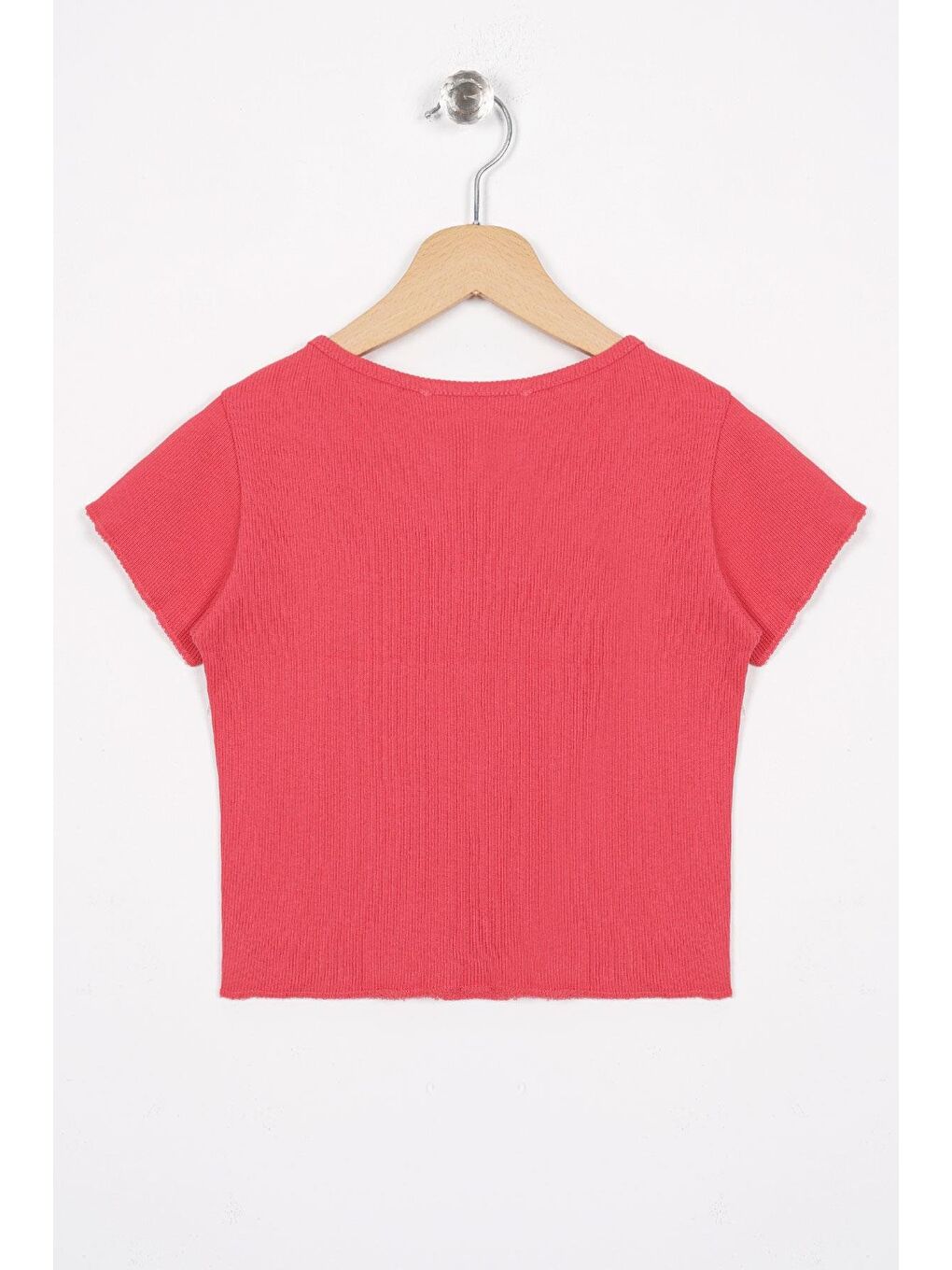 Pembe Bisiklet Yaka Kısa Kol Fitilli Somon Renk Kız Çocuk Tshirt-2