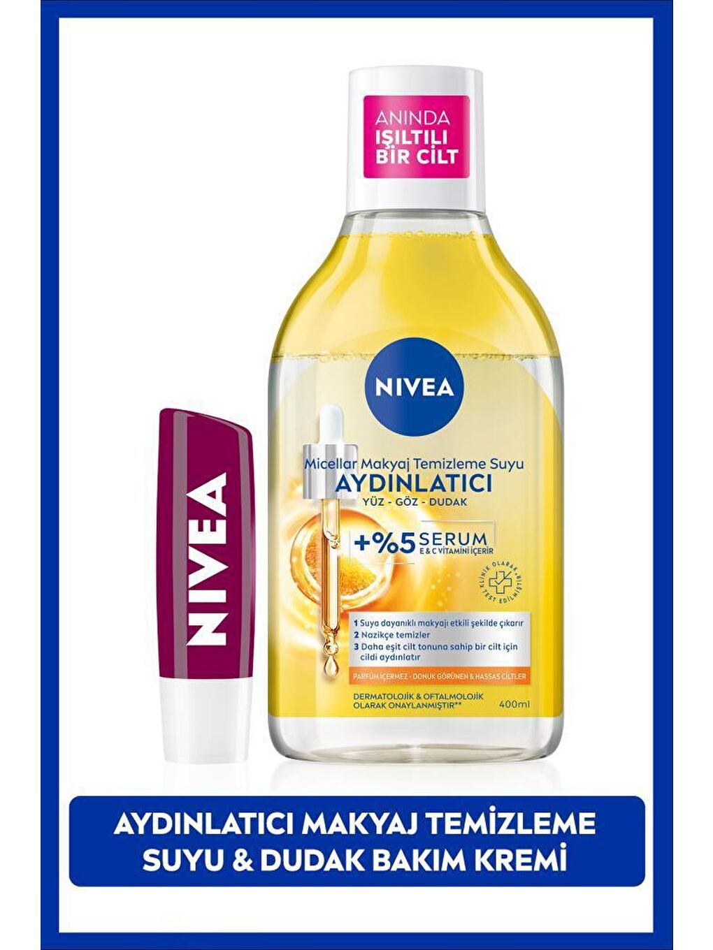 NIVEA Şeffaf Aydınlatıcı Micellar Makyaj Temizleme Suyu 400ml ve Nemlendirici Böğürtlen Dudak Bakım Kremi 4,8gr