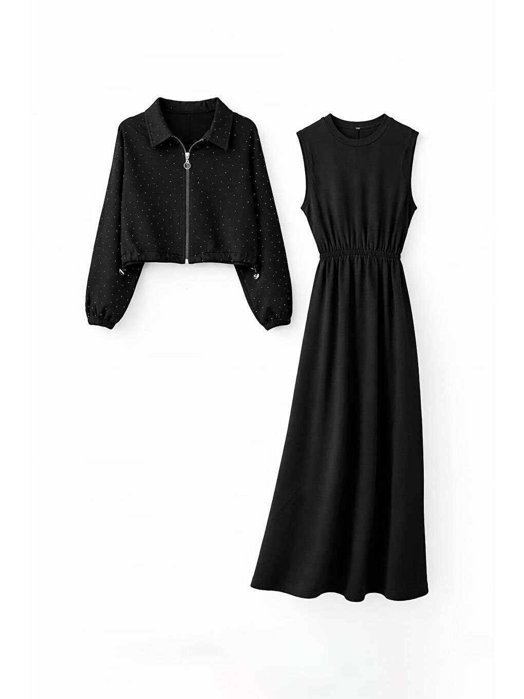 Siyah Fermuarlı Taşlı Crop Ceketli Sıfır Kol Kız Çocuk Elbise 23752-1