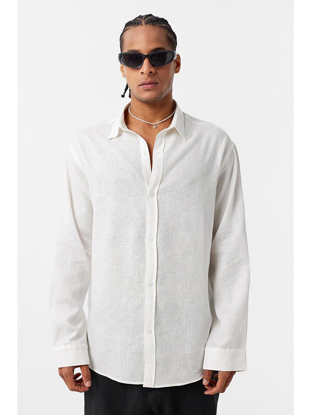 Basic Oversize Uzun Kollu Keten Gömlek Ekru