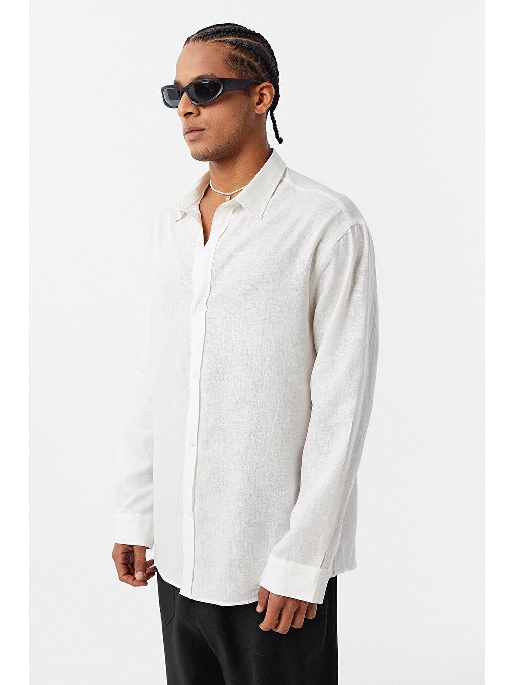 Basic Oversize Uzun Kollu Keten Gömlek Ekru-1