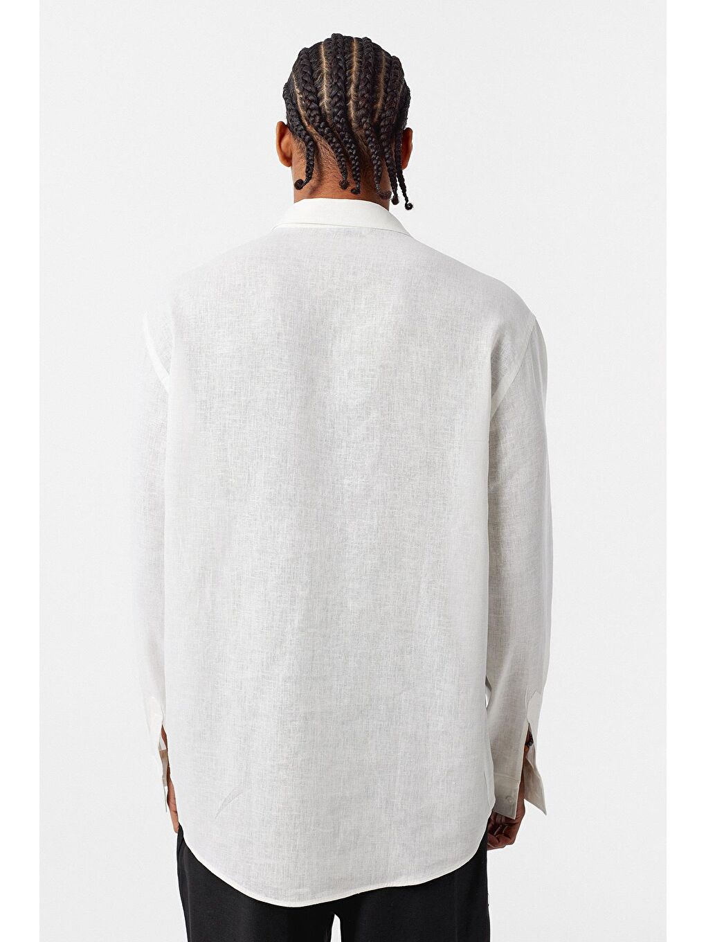 Basic Oversize Uzun Kollu Keten Gömlek Ekru-2