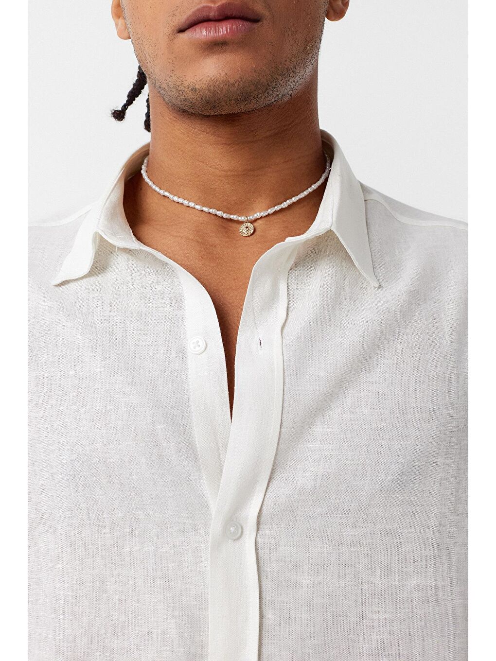 Basic Oversize Uzun Kollu Keten Gömlek Ekru-3