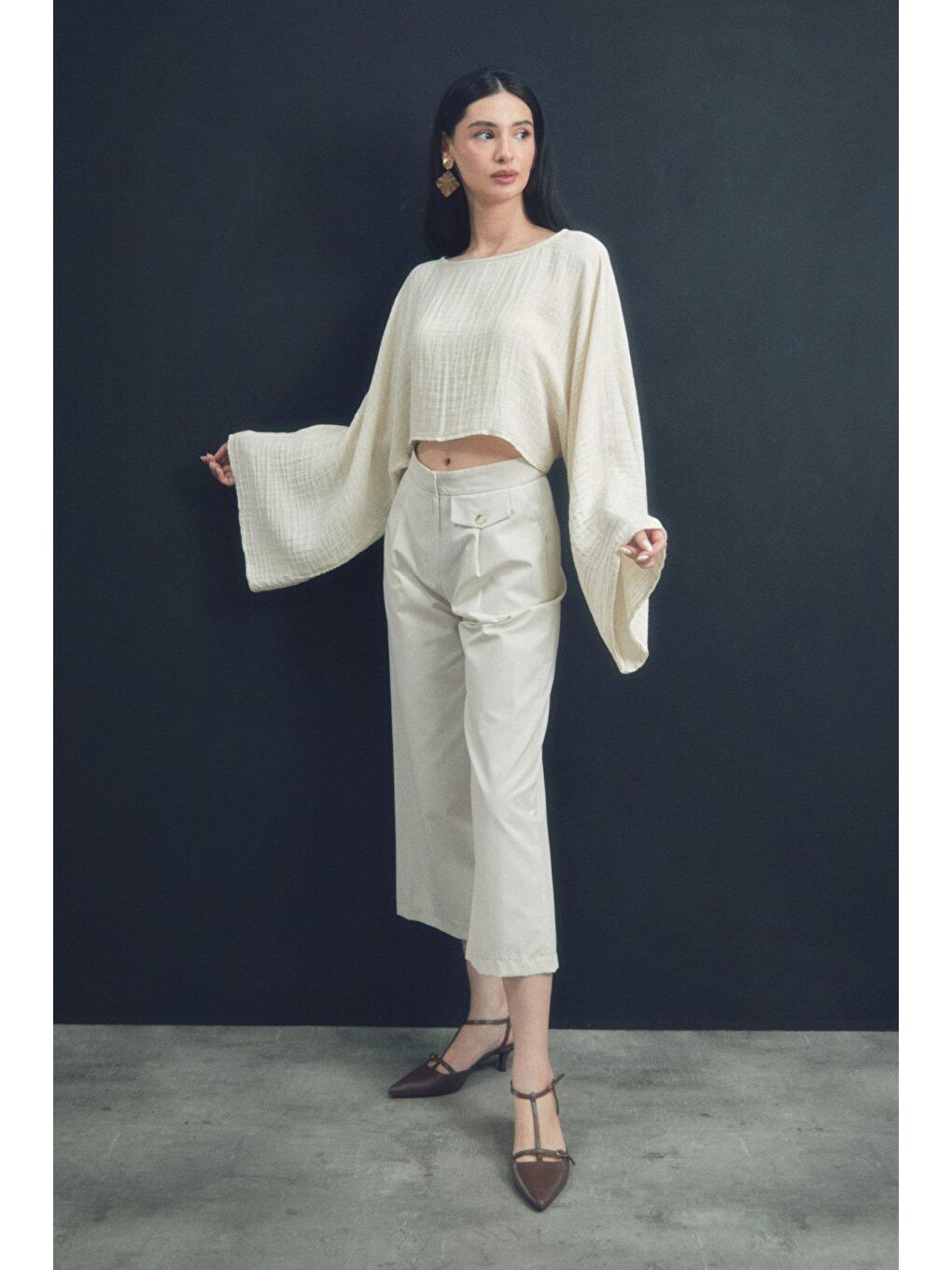 Bej Cepli Yüksek Bel Culotte Pantolon-1
