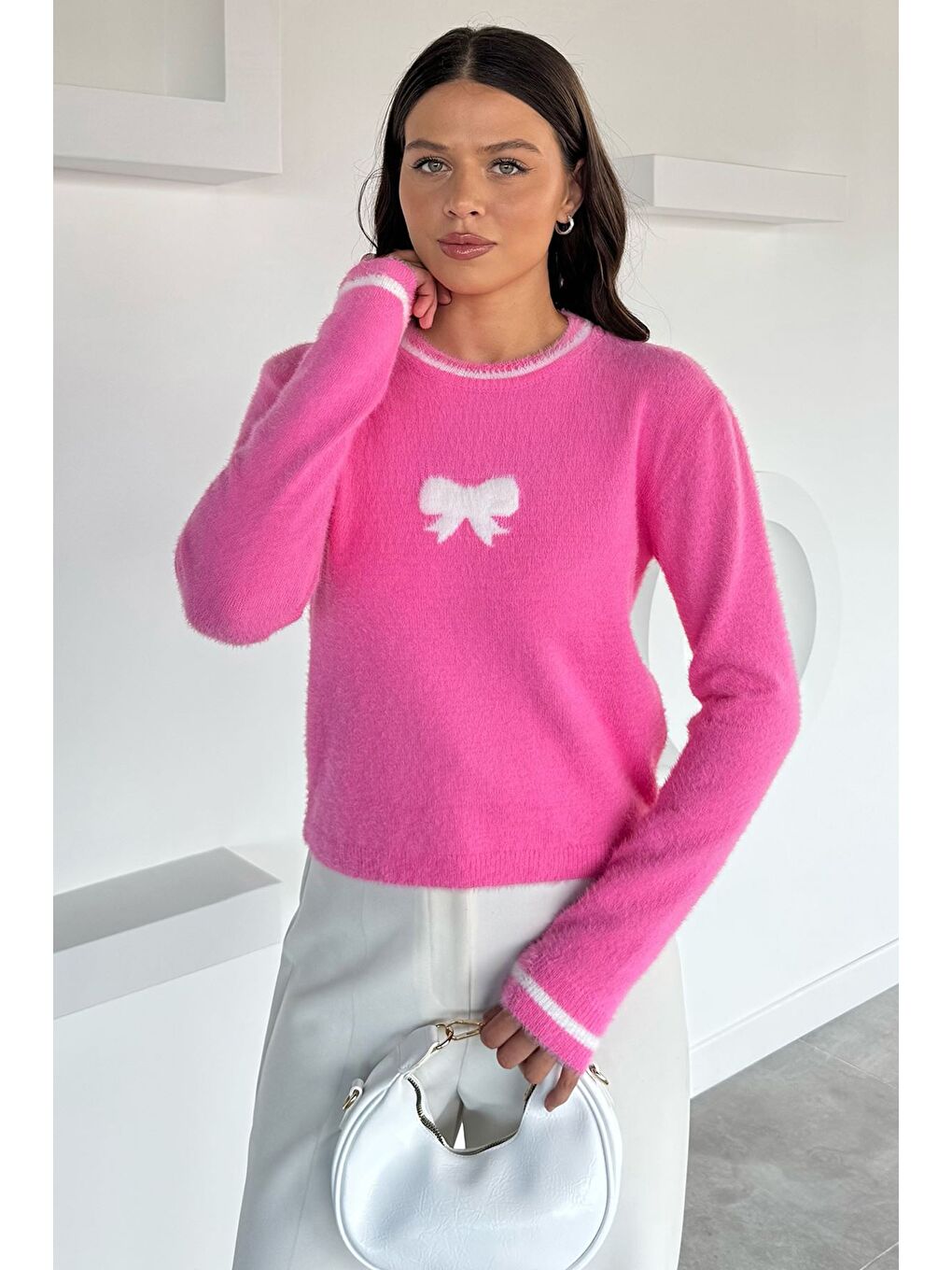 Pembe Kadın Bisiklet Yaka Sakallı Triko Kazak-1