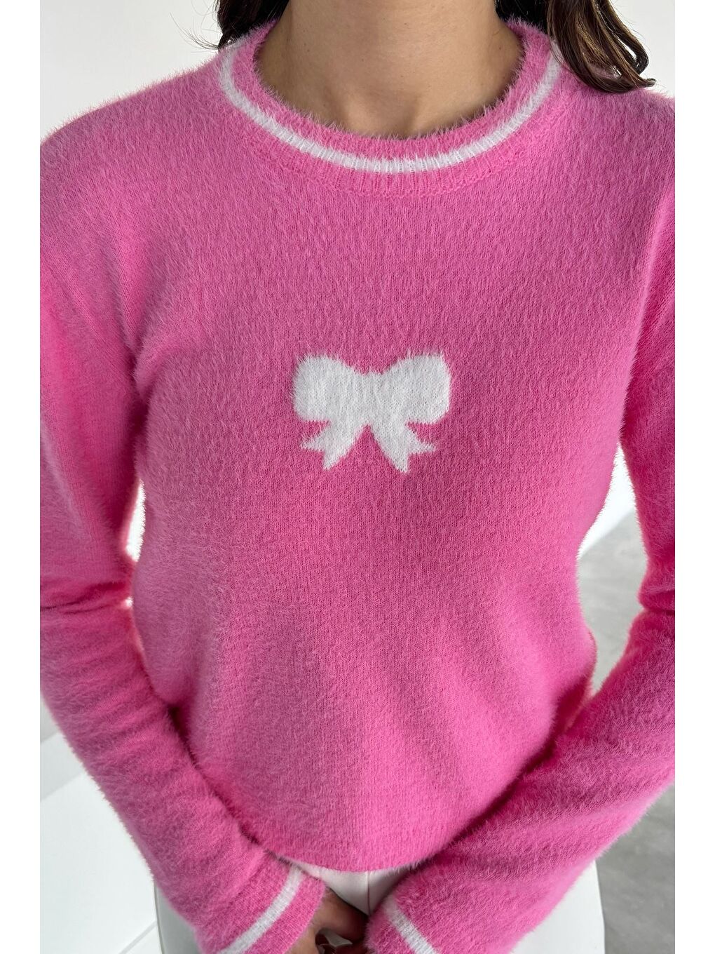 Pembe Kadın Bisiklet Yaka Sakallı Triko Kazak-2