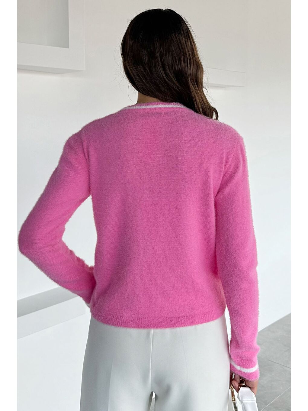 Pembe Kadın Bisiklet Yaka Sakallı Triko Kazak-3