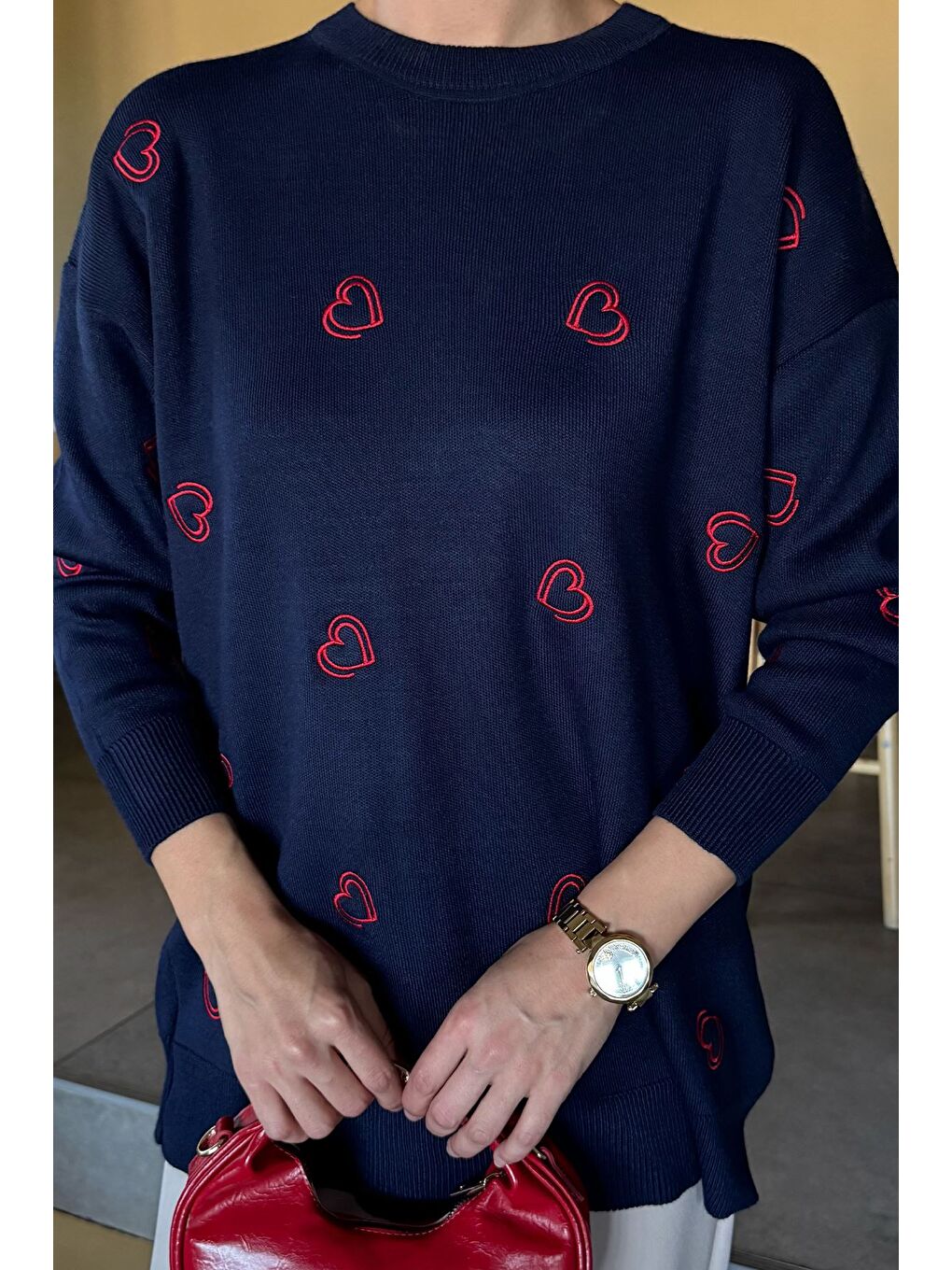 Lacivert Kalp Nakışlı Kadın Triko Kazak-2